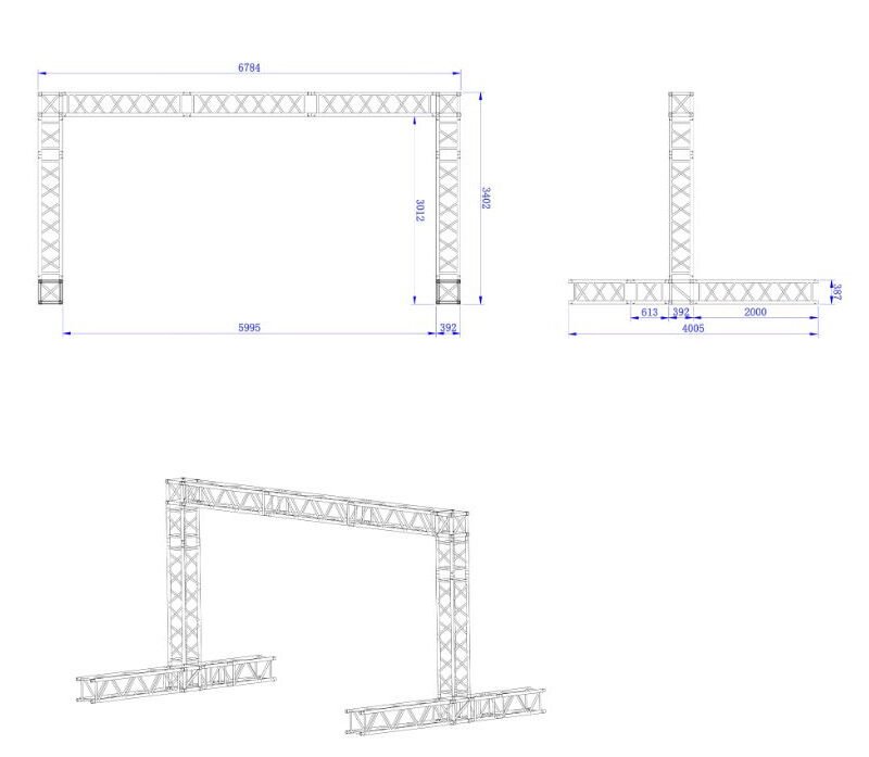 Truss goal post front stage with support for line-array speakers